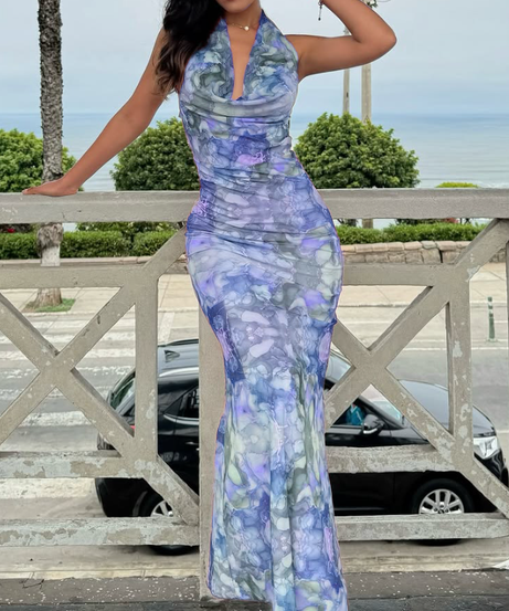 Effortless Elegance: Halter Cowl Neck Marbled Mesh Maxi Dress - Your Go-To for Fall Events & Chic Getaways
