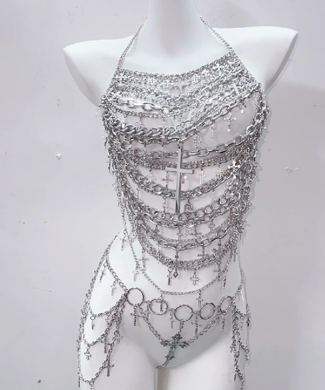 Edgy Silver Chain Halter Top | Gothic Cross Body Chain | Rave & Halloween Statement