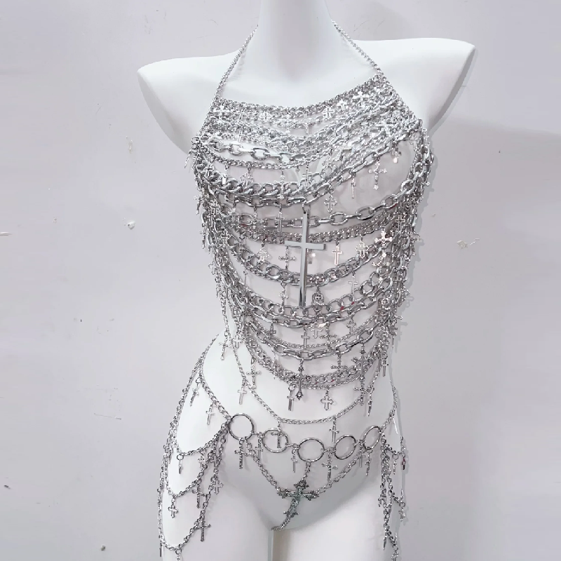 Edgy Silver Chain Halter Top | Gothic Cross Body Chain | Rave & Halloween Statement