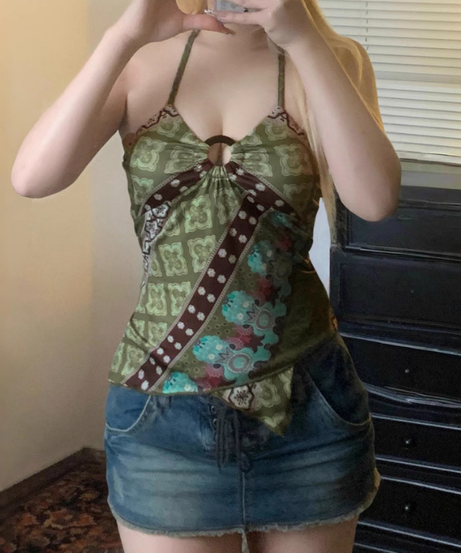 Fall Boho Chic Halter Top with O-Ring Detail - Vintage-Inspired Patterned Statement Piece