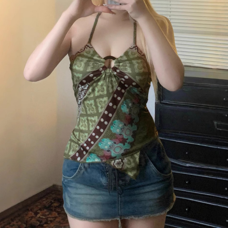 Fall Boho Chic Halter Top with O-Ring Detail - Vintage-Inspired Patterned Statement Piece