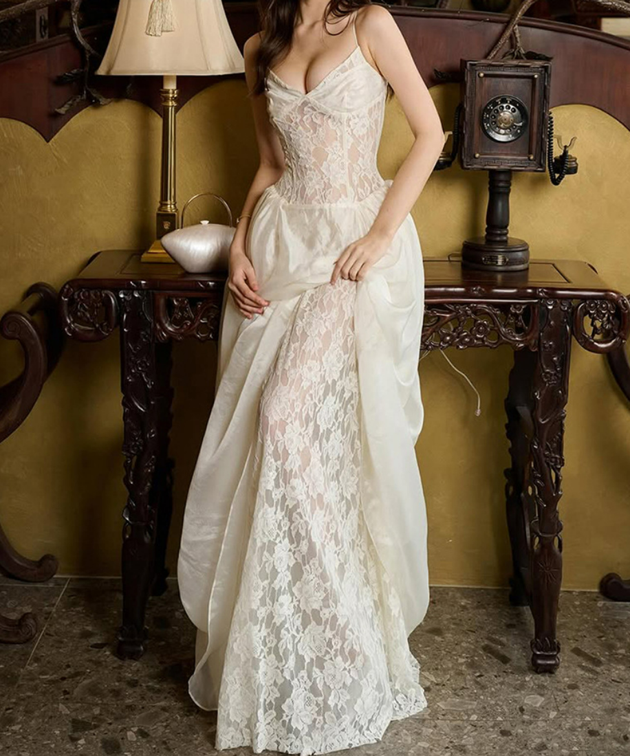 Luxurious Lace V-Neck Maxi Slip Dress - Romantic Evening & Bridal Elegance