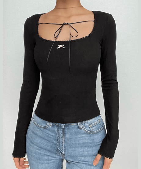 Cozy Chic Black Square Neck Long Sleeve Top | Ribbon Tie Front & Delicate Lace Trim