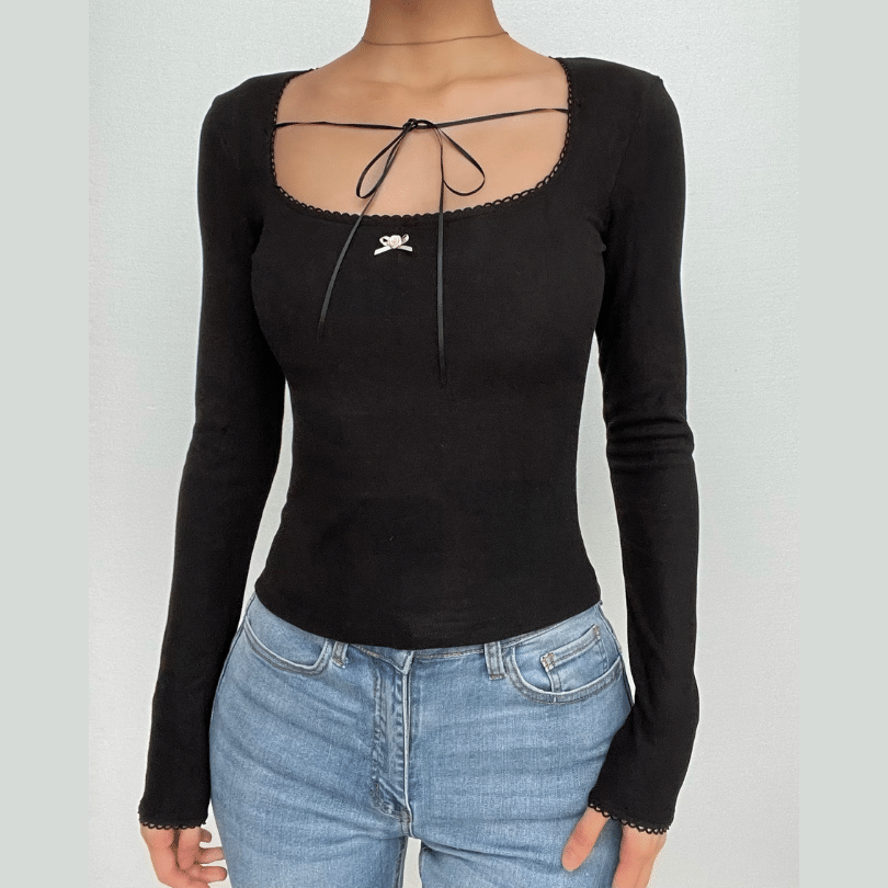 Cozy Chic Black Square Neck Long Sleeve Top | Ribbon Tie Front & Delicate Lace Trim