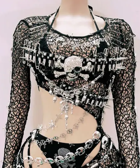 Spooky Chic Skull & Chain Mesh 3-Piece Set - Ultimate Halloween Rave & Festival Outfit