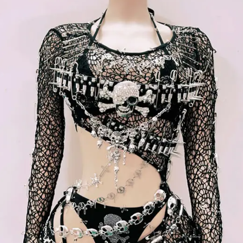 Spooky Chic Skull & Chain Mesh 3-Piece Set - Ultimate Halloween Rave & Festival Outfit