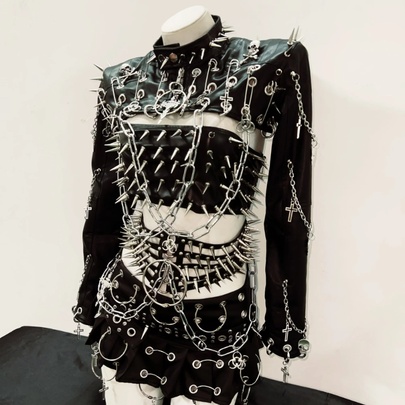 Unleash Your Inner Vixen: Extreme Spiked & Chained Gothic Punk PU Leather Set - Perfect for Halloween & Fall Festivals