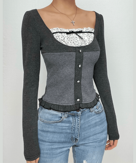 Autumn Chic Y2K Ribbed Ruffle Patchwork Long Sleeve Top