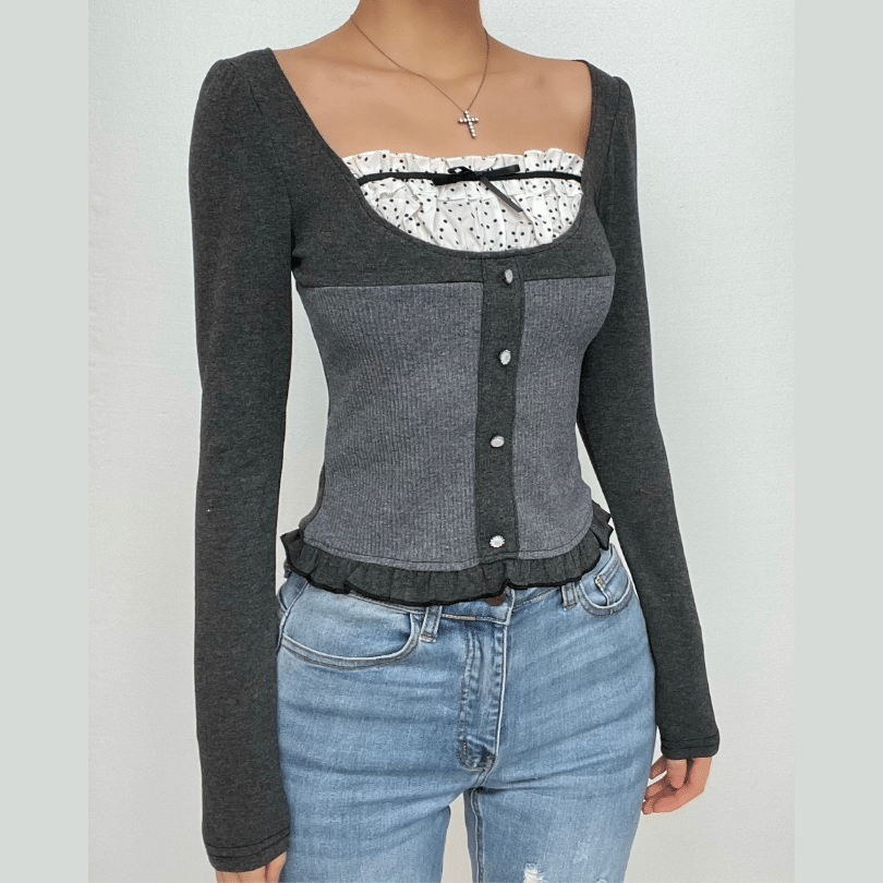 Autumn Chic Y2K Ribbed Ruffle Patchwork Long Sleeve Top