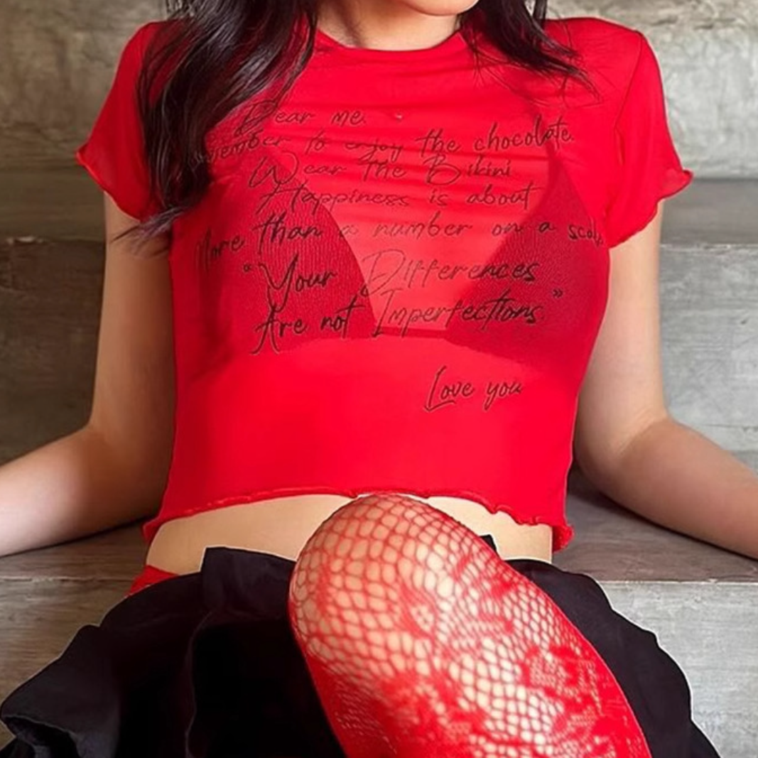 Empower Her: Self-Love Club Red Mesh Crop Top - Trendy Sheer Tee with Body Positive Message