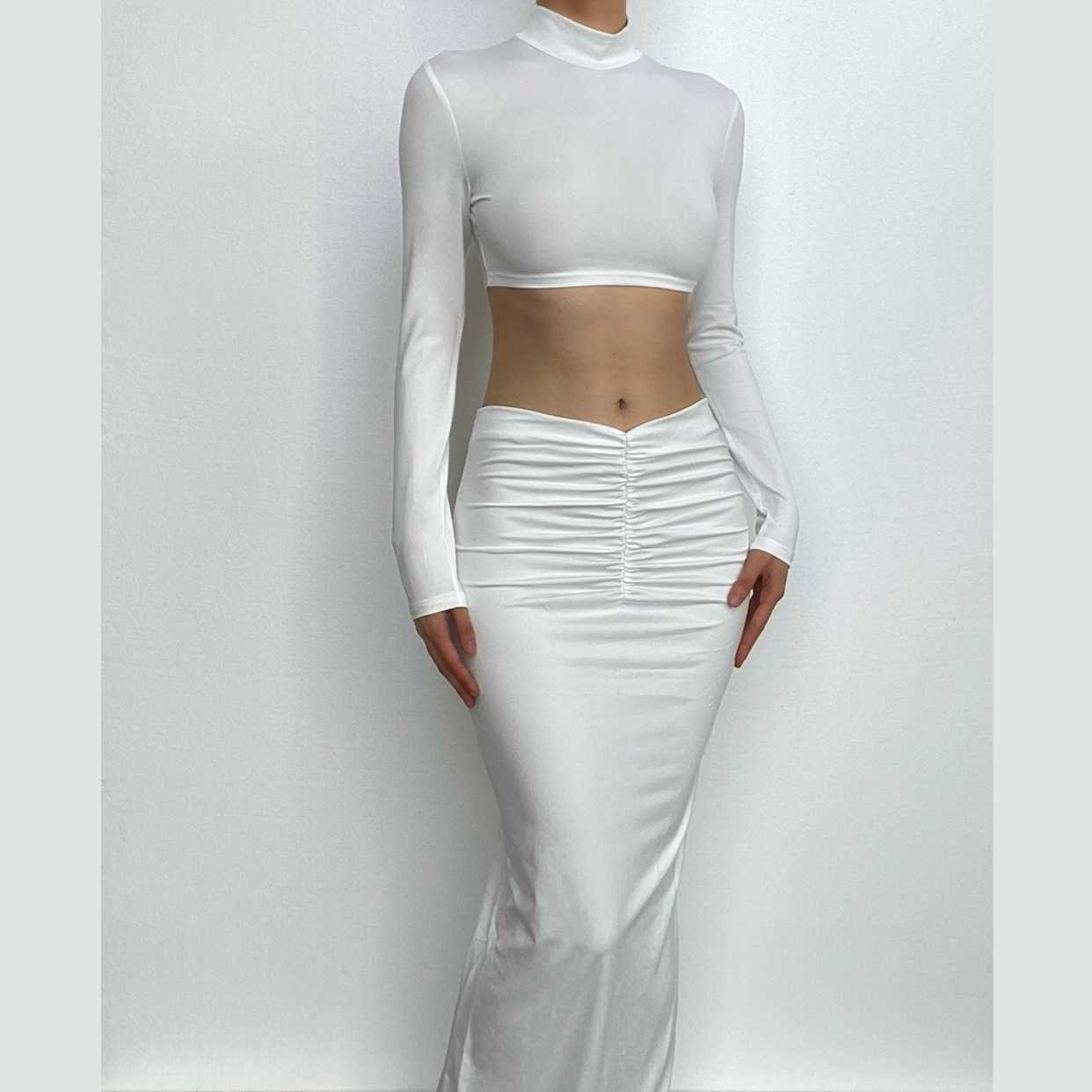 Sleek White Mock Neck Crop Top & Ruched Maxi Skirt Set - Chic Fall & Holiday Essential
