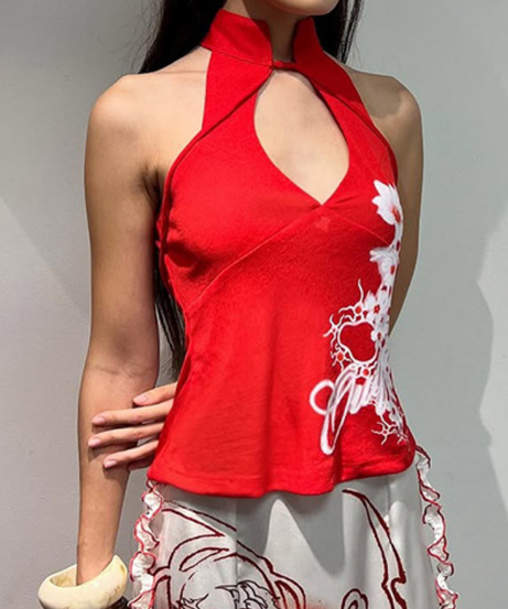 Vibrant Red Halter Keyhole Top: Chic Floral Print for Fall & Holiday Celebrations