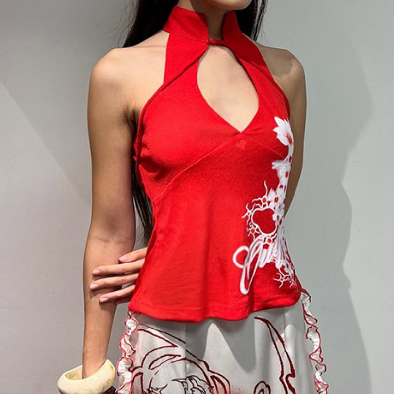 Vibrant Red Halter Keyhole Top: Chic Floral Print for Fall & Holiday Celebrations