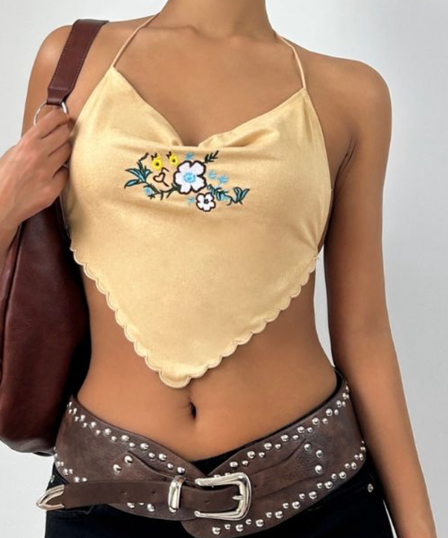 Effortless Fall Bloom: Boho Y2K Floral Embroidered Scallop Halter Crop Top