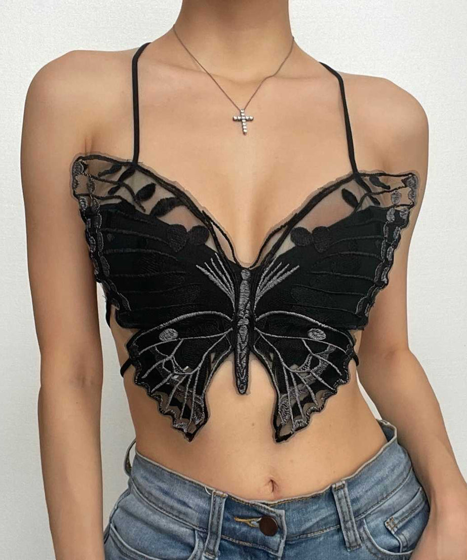 Whimsigoth Embroidered Butterfly Halter Crop Top - Y2K Backless Party & Halloween Ready