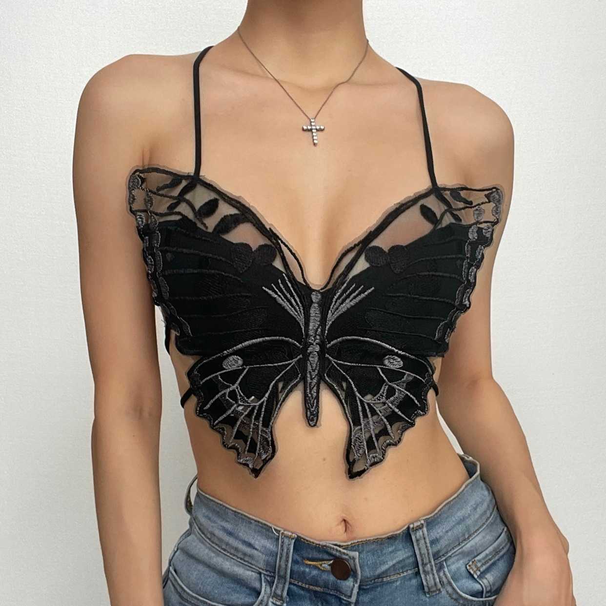 Whimsigoth Embroidered Butterfly Halter Crop Top - Y2K Backless Party & Halloween Ready