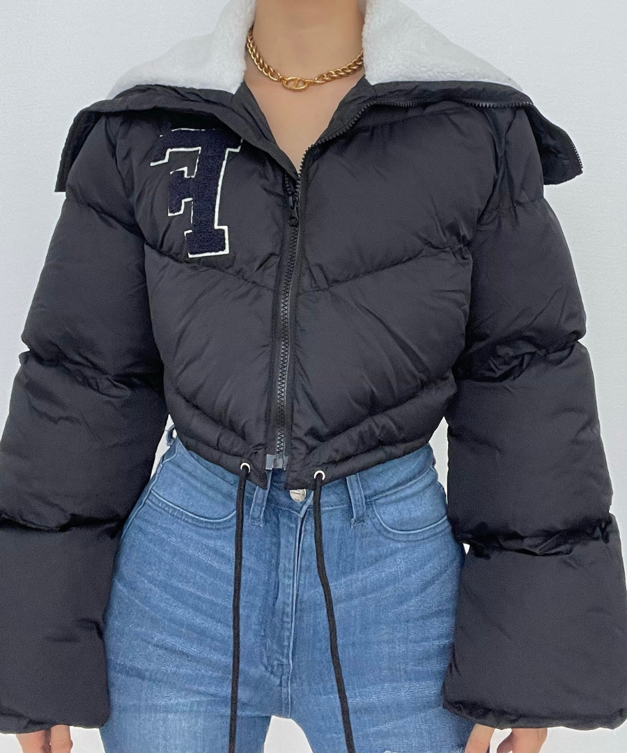 The 'F' Factor Cropped Puffer Jacket: Cozy Sherpa Collar & Trendy Fall Style