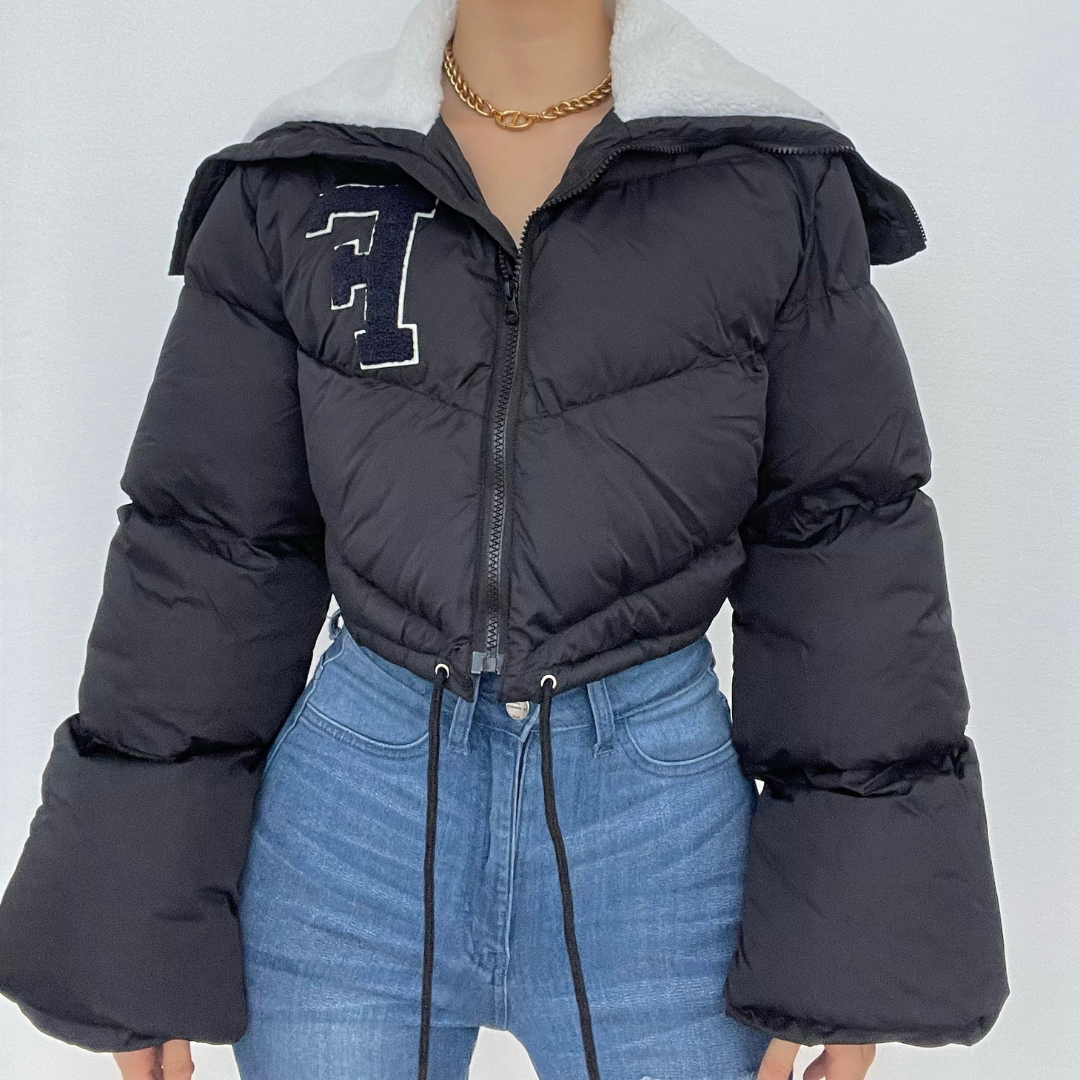 The 'F' Factor Cropped Puffer Jacket: Cozy Sherpa Collar & Trendy Fall Style