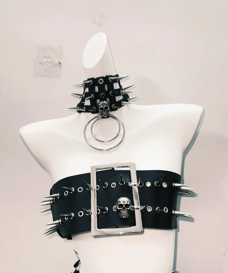 Fierce Goth Punk Spiked Skull Crop Top & Chain Skirt Set - Halloween | Club | Festival