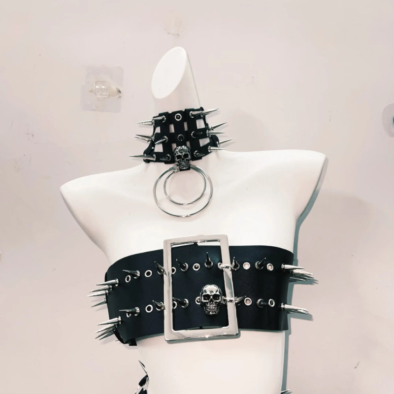 Fierce Goth Punk Spiked Skull Crop Top & Chain Skirt Set - Halloween | Club | Festival