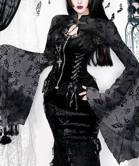Ethereal Enchantress Flocked Velvet Mesh Top | Gothic Bell Sleeve Fall & Halloween Blouse