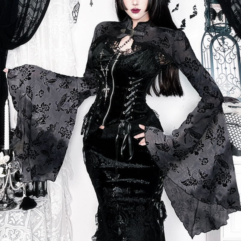 Ethereal Enchantress Flocked Velvet Mesh Top | Gothic Bell Sleeve Fall & Halloween Blouse