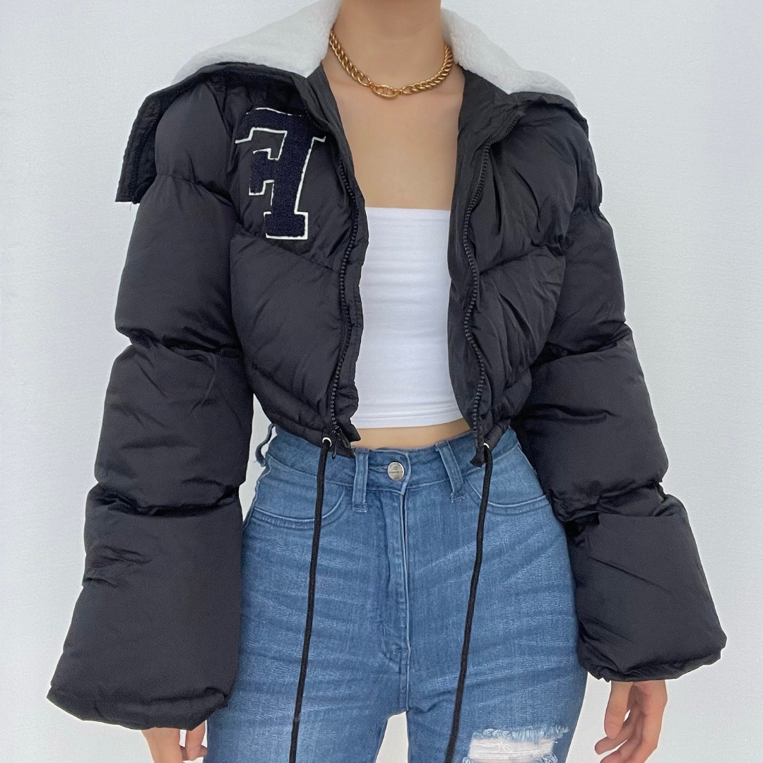 The 'F' Factor Cropped Puffer Jacket: Cozy Sherpa Collar & Trendy Fall Style