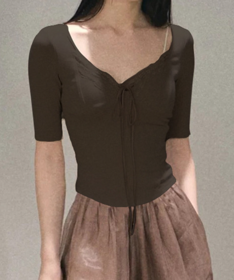 Fall Chic: Women's Square Neck Lace Tie-Front Top - Your Versatile Autumn Essential