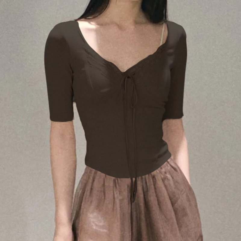Fall Chic: Women's Square Neck Lace Tie-Front Top - Your Versatile Autumn Essential