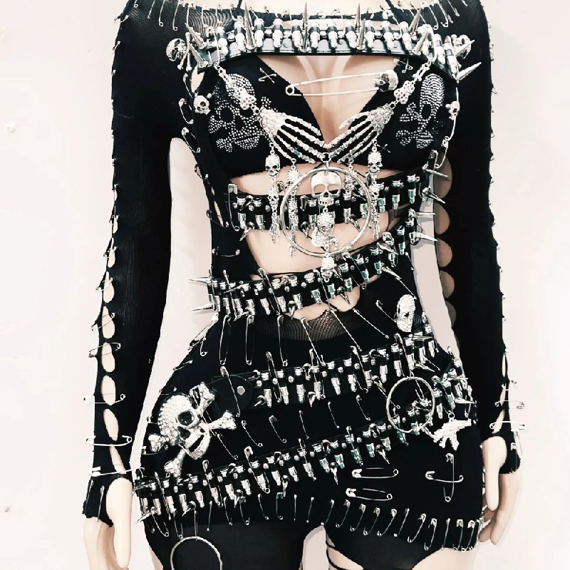 Unleash Your Edge: Spiked Skull Cutout Jumpsuit - Perfect for Halloween, Concerts & Clubs