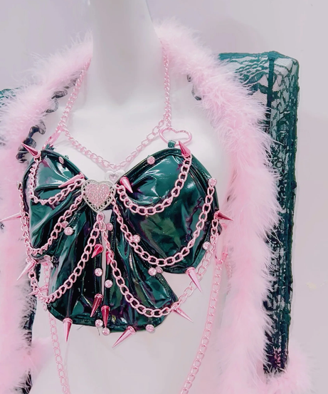 Glamour Goth Emerald & Pink Feather & Spike Duster Set - Halloween, Rave & Party Ready