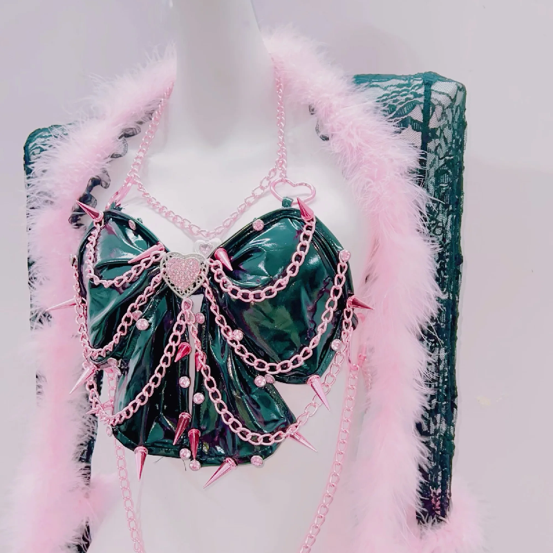 Glamour Goth Emerald & Pink Feather & Spike Duster Set - Halloween, Rave & Party Ready