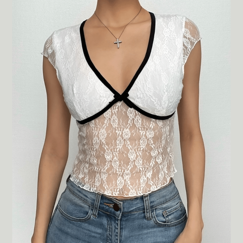 Autumn Allure Sheer Lace Crop Top | Romantic V-Neck, Bow & Contrast Trim | Trendy Fall Going Out Piece