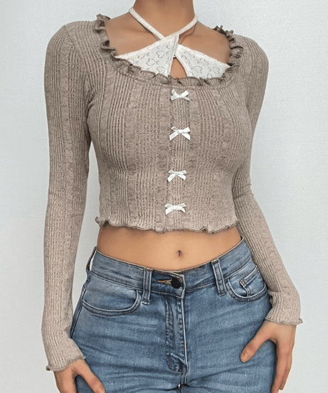 Autumn Coquette Ribbed Knit Crop Top: Layered Halter, Ruffles & Bows