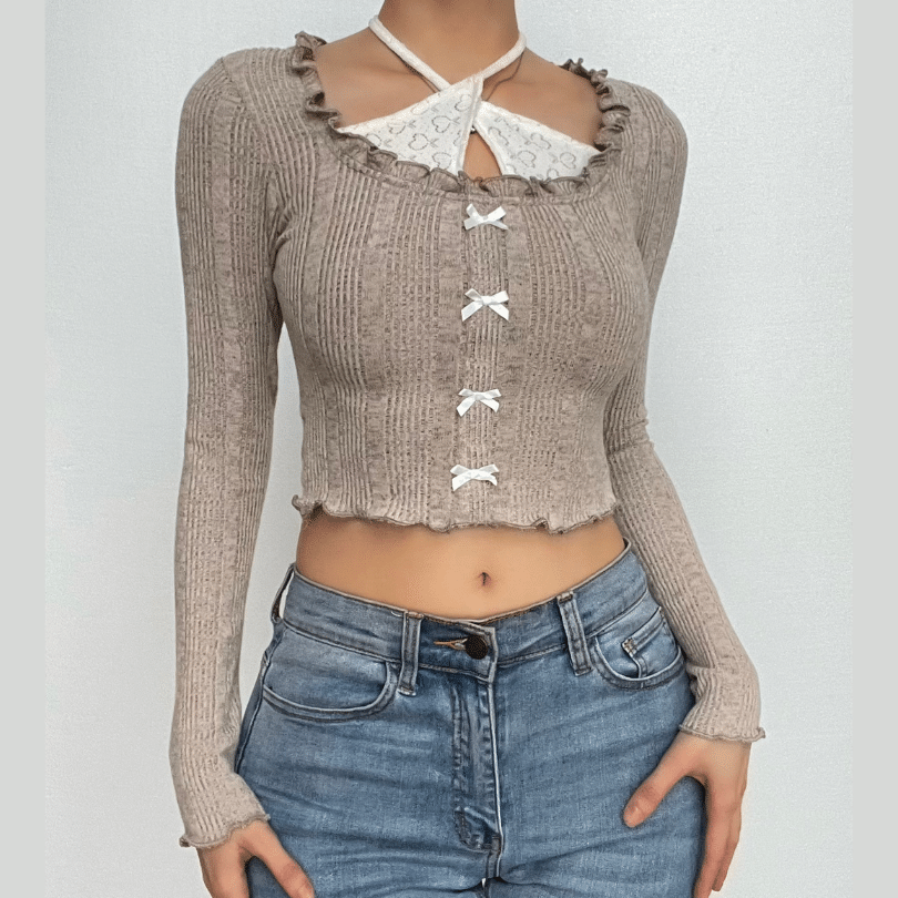 Autumn Coquette Ribbed Knit Crop Top: Layered Halter, Ruffles & Bows