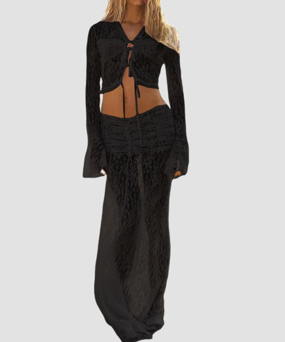 Fall Escape Ready: Dreamy White Lace Maxi Set - Long Sleeve Crop Top & Sheer Skirt