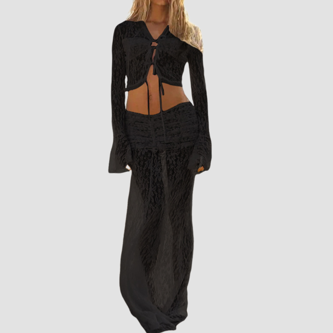 Fall Escape Ready: Dreamy White Lace Maxi Set - Long Sleeve Crop Top & Sheer Skirt