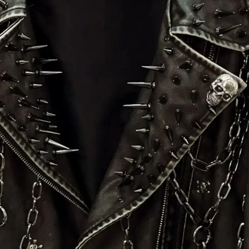 Unleash Your Inner Rebel: Spiked & Chained Skull Faux Leather Jacket - Your Ultimate Fall & Halloween Statement