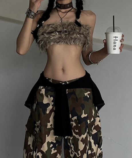 Y2K Edgy Faux Fur Tube Crop Top - Your Go-To for Fall Parties & Halloween