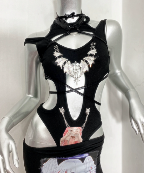 Dark Romance Bat Wing Rhinestone Bodysuit - Edgy Cutout Clubwear & Halloween