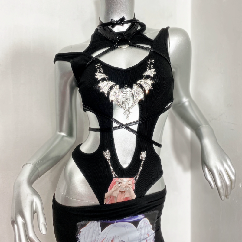 Dark Romance Bat Wing Rhinestone Bodysuit - Edgy Cutout Clubwear & Halloween