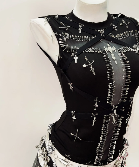 Daring Edge: Gothic Safety Pin & Cross Mesh Tank Top - Fall Concert & Halloween Ready