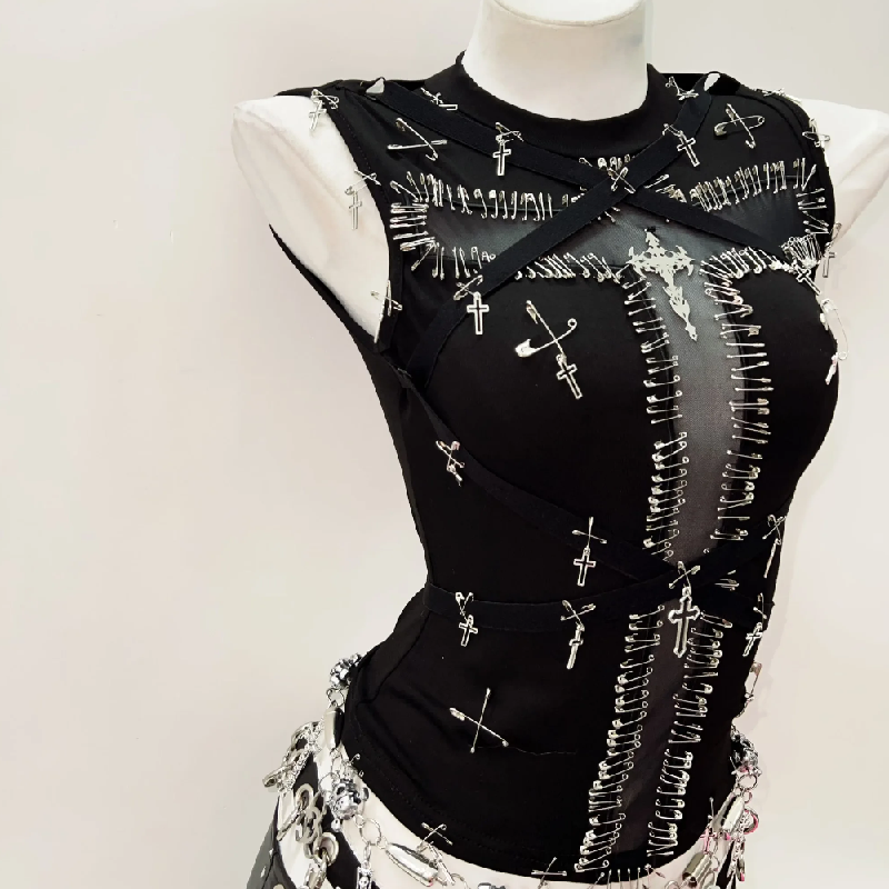 Daring Edge: Gothic Safety Pin & Cross Mesh Tank Top - Fall Concert & Halloween Ready