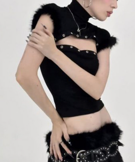 Spooky Chic Faux Fur Trim Cut-Out Turtleneck Crop Top - Edgy Halloween & Night Out Style