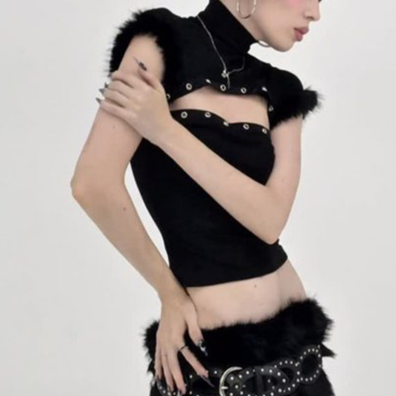 Spooky Chic Faux Fur Trim Cut-Out Turtleneck Crop Top - Edgy Halloween & Night Out Style