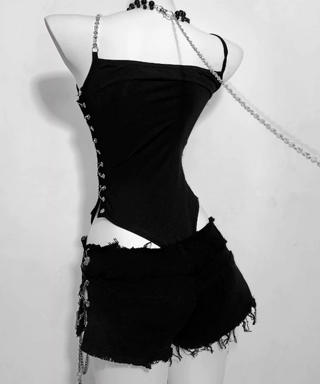 Rebel Spirit Anime Print Safety Pin Bodysuit - Edgy Goth Chain Cami for Fall & Halloween