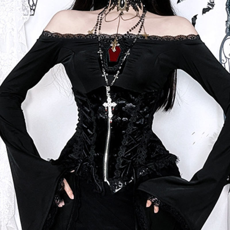 Sultry Gothic Velvet & Lace Off-Shoulder Corset Top - Halloween & Fall Night Out Essential