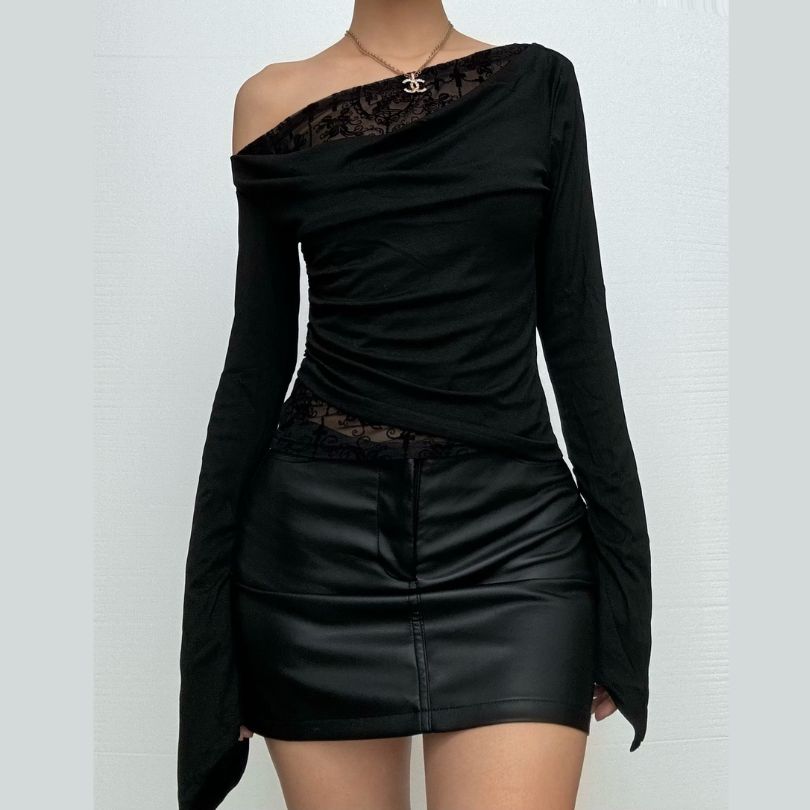Fall Nights Edgy Chic: Black Lace & Mesh Off-Shoulder Long Sleeve Top for Women