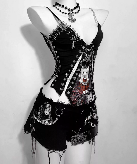 Rebel Spirit Anime Print Safety Pin Bodysuit - Edgy Goth Chain Cami for Fall & Halloween