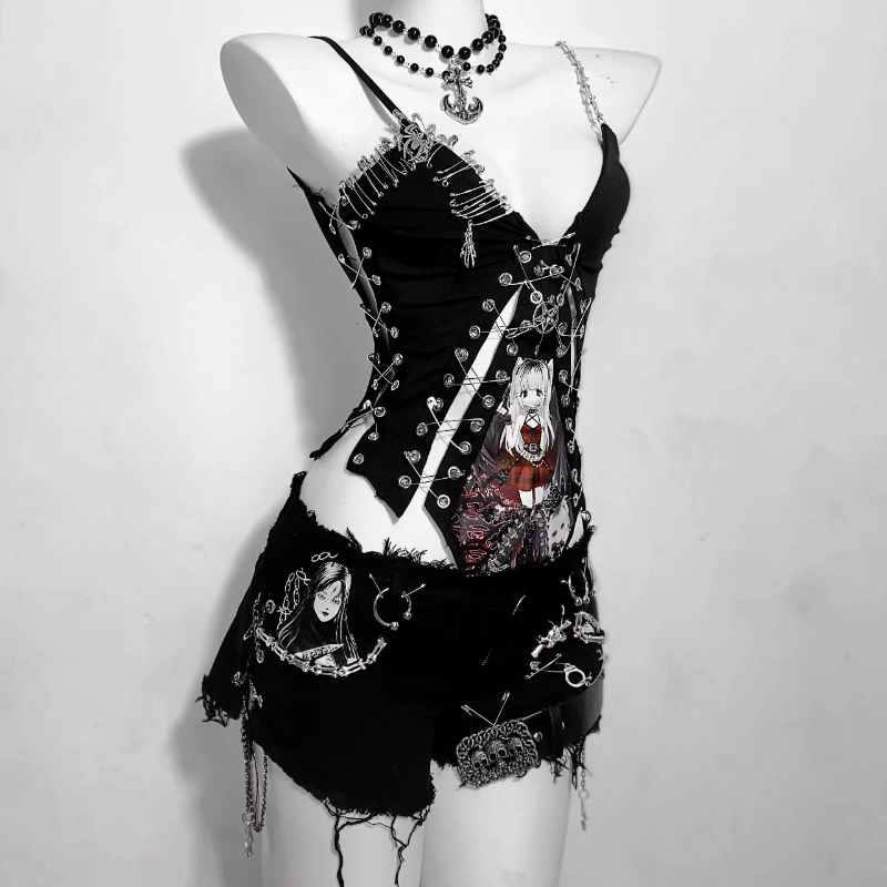 Rebel Spirit Anime Print Safety Pin Bodysuit - Edgy Goth Chain Cami for Fall & Halloween